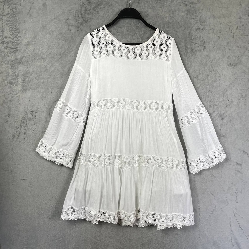 White Lace Crochet Long Sleeve Midi Dress 36 Boho Prairie Cottage